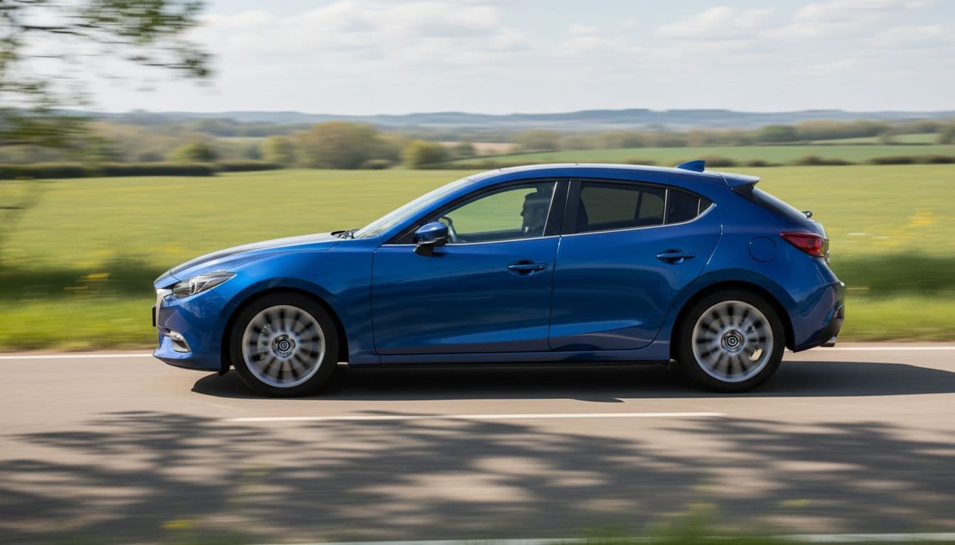Shiny blue 2017 Mazda3 hatchback driving on a winding country road, side profile view, realistic photo in bright daylight with dynamic motion blur on wheels, exactly one car, no people, text, logos, or watermarks.