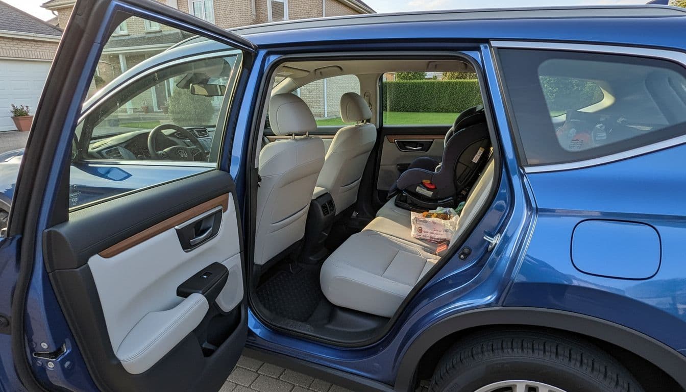 A blue 2019 Honda CR-V is parked in a home driveway with the rear door open, showcasing the spacious back seats and cargo area in a comfortable family interior under bright morning light.