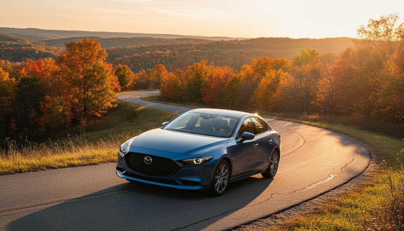 A blue 2021 Mazda3 sedan drives sharply through a curve on a winding autumn road with scenic countryside and golden hour lighting.