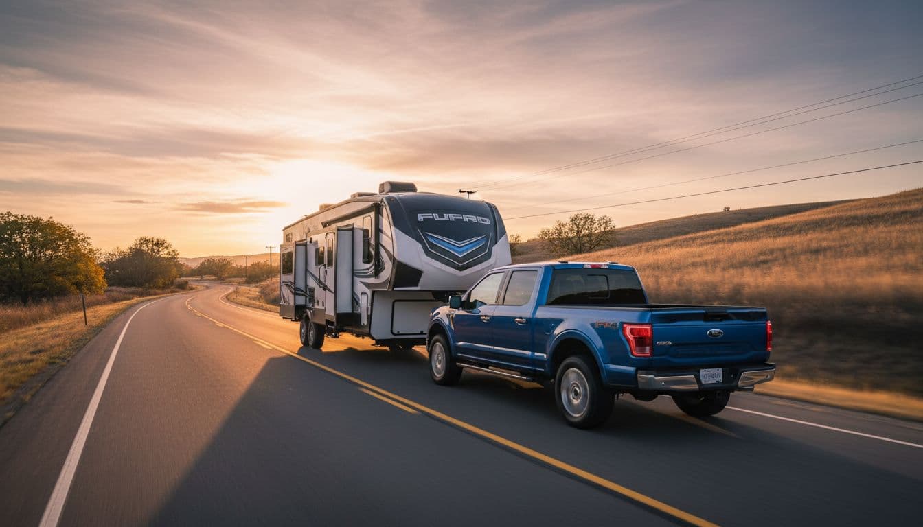 Photorealistic landscape of a blue 2026 Ford F-150 towing a large trailer on a rural highway during golden hour, rear three-quarter view with motion blur on wheels and visible towing hitch.