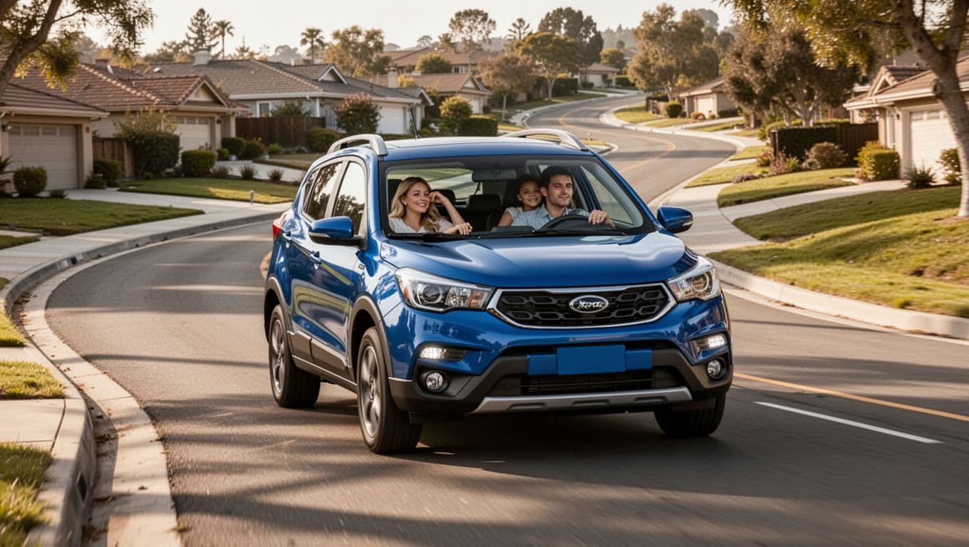 A blue 2026 Subaru Crosstrek drives smoothly on a winding suburban road in daylight, with a relaxed family visible inside through the windows, emphasizing everyday comfort.
