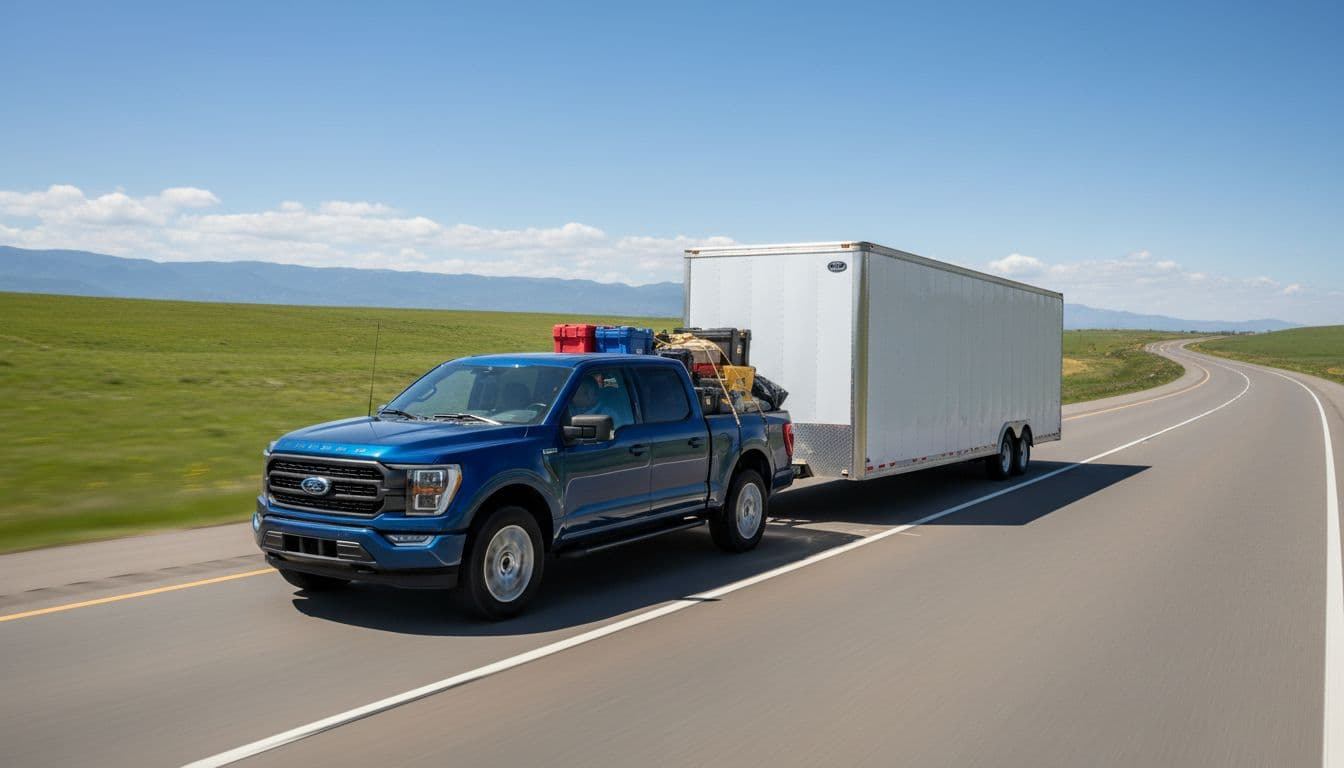 Photorealistic landscape view of a blue 2026 Ford F-150 SuperCrew with 3.5L PowerBoost hybrid towing a large 14,000-pound capacity trailer while carrying heavy payload in the bed on a highway during clear daytime weather with dynamic motion.