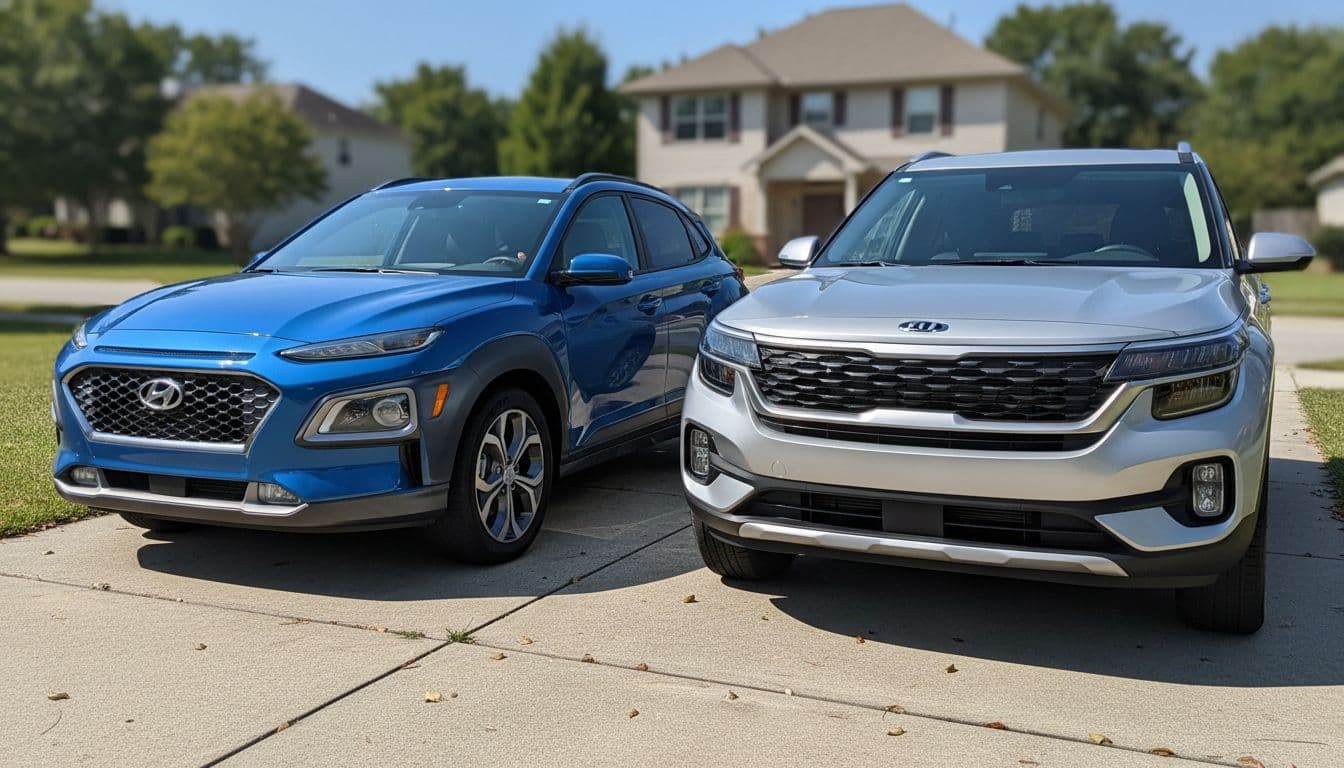 Hyundai Kona in blue and Kia Seltos in silver parked side by side on a sunny suburban driveway, captured from a front three-quarter angle in realistic automotive photography style.