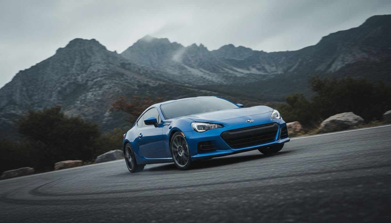 A blue Subaru BRZ coupe corners sharply on a winding mountain pass road, captured in a low wide-angle shot with dynamic motion blur on the wheels under an overcast sky, photorealistic high detail.