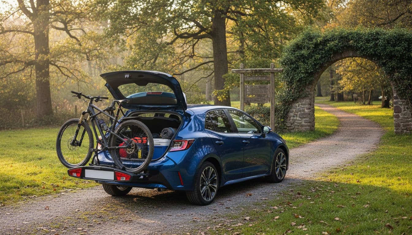 Blue Toyota Corolla Hatchback loaded with weekend gear like bikes on roof rack and bags in open hatch, parked at park entrance in rear three-quarter view under soft morning light.