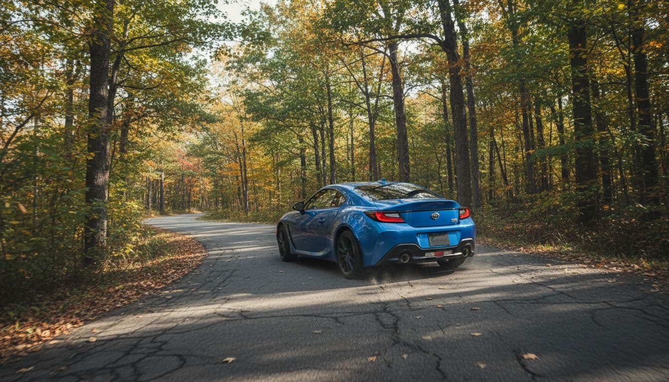 Blue Toyota GR86 coupe cornering sharply on a winding forested backroad, dynamic action shot from behind at 45 degrees in realistic photography style under bright daylight.