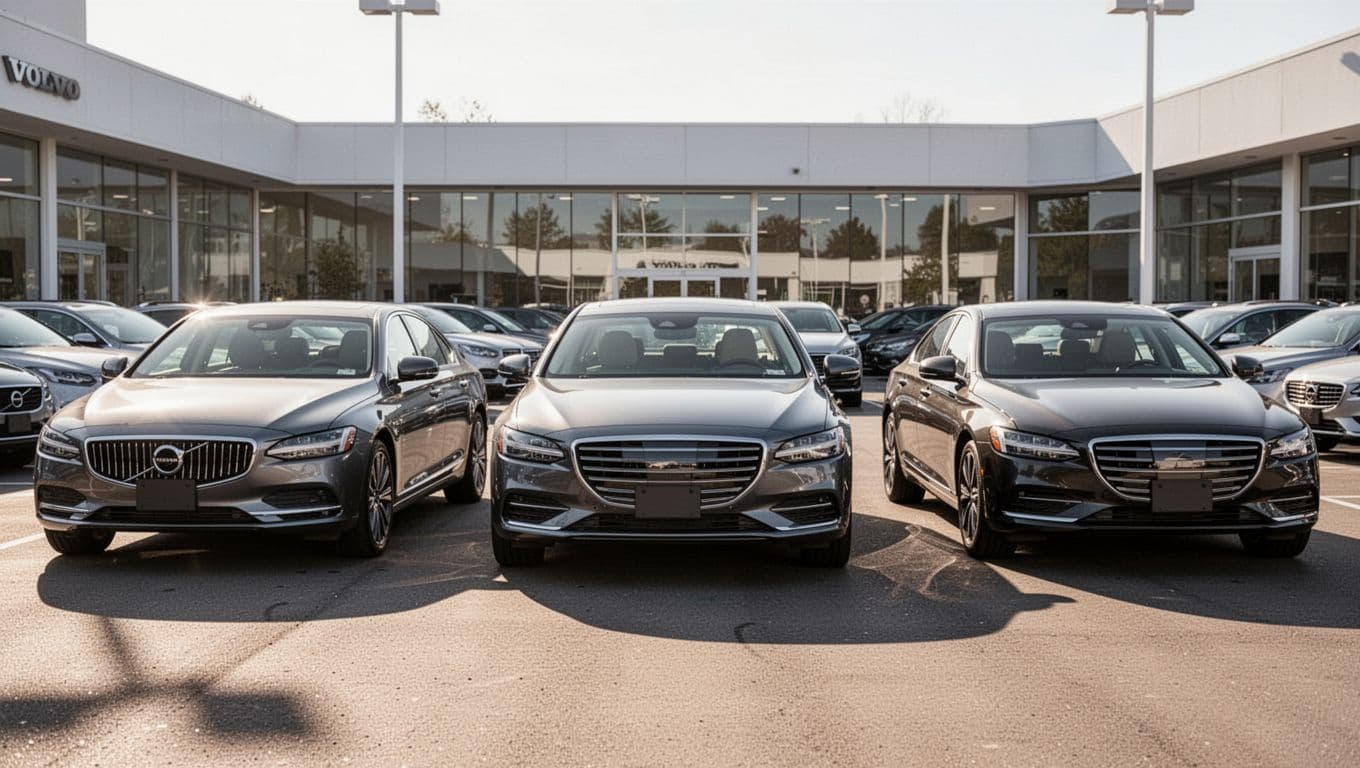 Side-by-side parked BMW 3 Series, Mercedes-Benz C-Class, and Audi A4 compact luxury sedans on a sunny dealership lot with clean composition showing exteriors in natural daylight. Photorealistic image featuring three cars only, no people, text, logos, or watermarks.