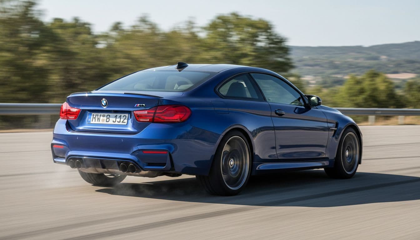 Rear view of BMW M4 Coupe xDrive accelerating hard on dry pavement, highlighting wide stance and exhaust with dynamic motion blur on wheels in sunny weather.
