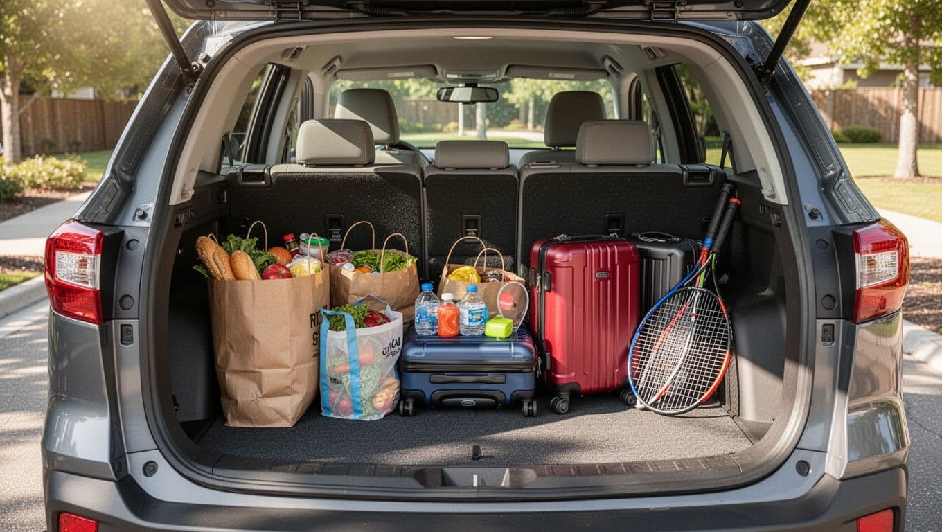 BMW X1 SUV rear cargo area with seats folded flat, loaded with grocery bags, suitcases, and sports gear, illuminated by bright natural light from the open tailgate, highlighting generous volume for family hauling.