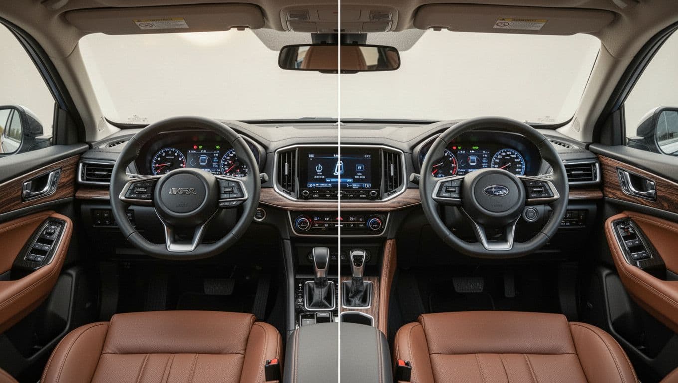 Split composition showing driver's view of BMW X1 interior on left half and Audi Q3 interior on right half, featuring modern luxury materials like leather and wood trim, softly lit digital gauges, and centered steering wheels in realistic photo style.