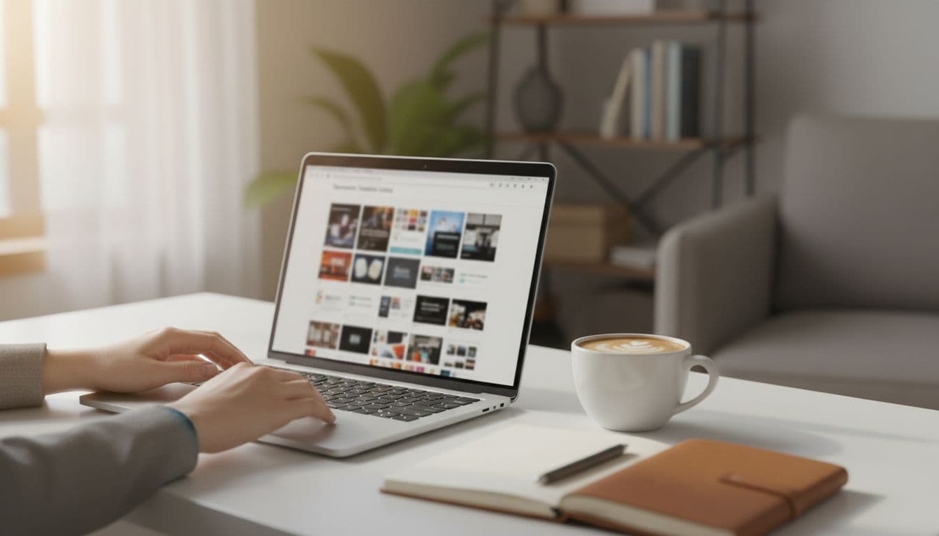 Laptop on modern desk displaying blurred Squarespace template gallery, relaxed hands near keyboard, coffee mug and notebook in cozy home office with warm window lighting.