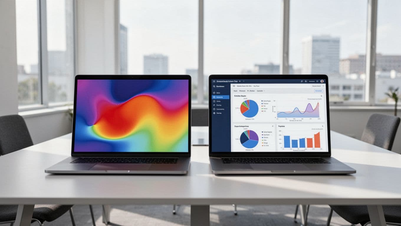 Two laptops side by side on a modern conference table, left screen showing a simple colorful heatmap from a free analytics tool, right screen displaying an advanced enterprise dashboard with A/B test and personalization stats.