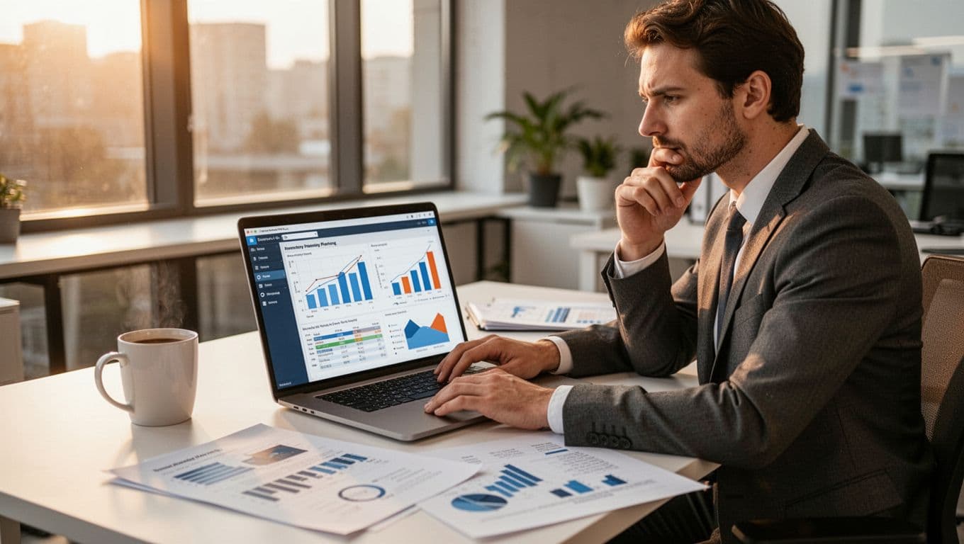 Business analyst in modern office at desk, thoughtfully reviewing inventory planning charts on laptop with paper reports nearby, organized workspace and coffee mug.