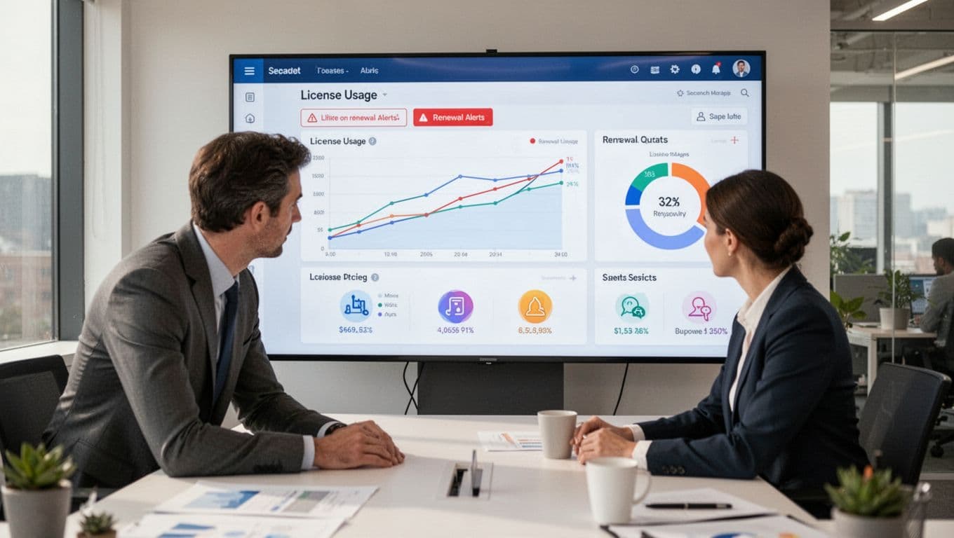 Business analyst in a modern office reviews a large-screen SaaS dashboard showing license usage graphs, renewal alerts, seat counts, and app icons; professional atmosphere with soft natural light.