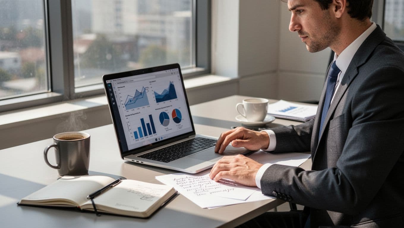 A focused business professional sits at a modern office desk, comparing antivirus software options on a laptop displaying vague charts and scores, surrounded by checklists, a coffee mug, and notebook, with natural daylight illuminating the scene.