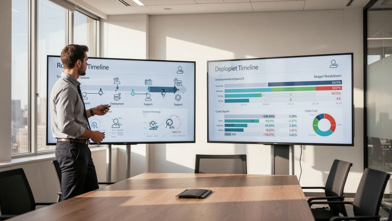 A single business team member stands in a modern conference room, examining rollout timeline and cost breakdown charts on dual monitors, with icons for support and deployment phases. Realistic photography in bright natural light, no text, no logos, or extra people.