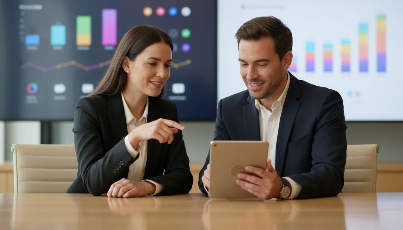 Two business professionals in a modern conference room engage in a relaxed discussion while comparing SaaS tools on a shared tablet, with blurred charts and app icons in the background under natural window light.