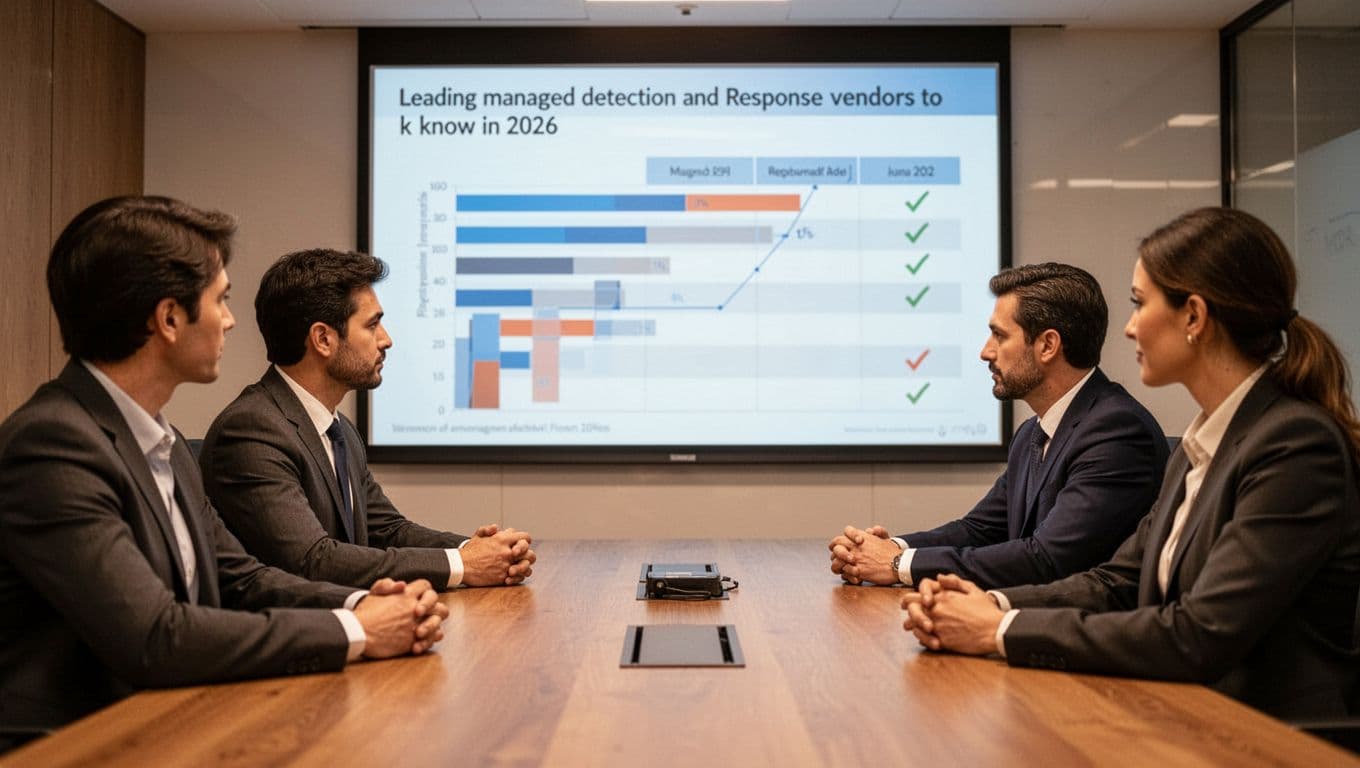 Four business professionals seated at a conference table, focused on a shared screen displaying an abstract vendor comparison table with bars and checks, in a warmly lit conference room, photorealistic style.