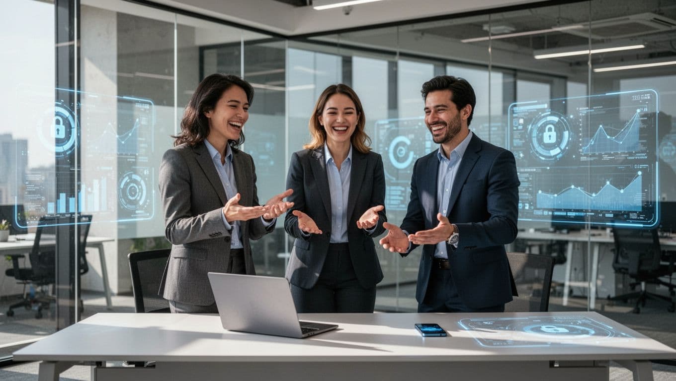 Business team of three in a vibrant modern office celebrates quick secure logins and automated user access on glowing dashboards, with relaxed poses, natural daylight, and props like a laptop and phone.
