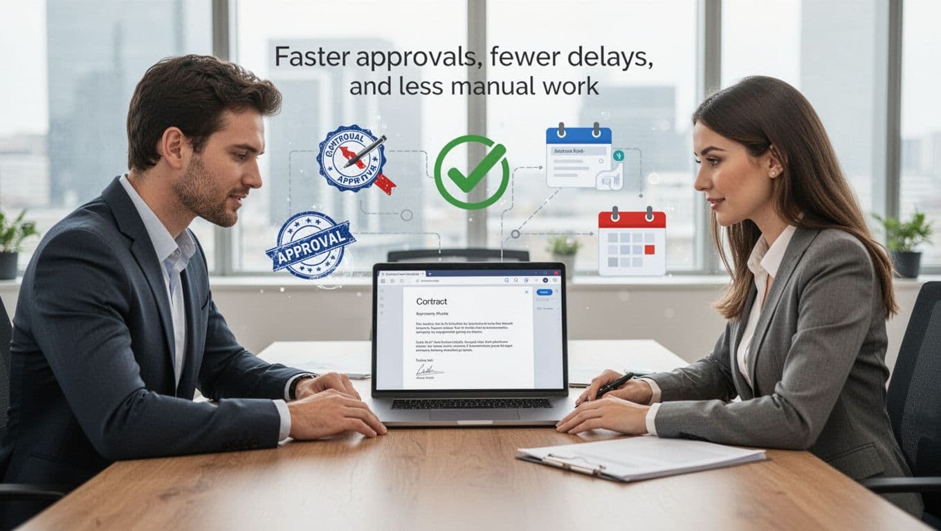 A male and female professional duo in a bright conference room collaboratively review a digital contract on a shared laptop, with subtle workflow icons like approval stamps and calendar reminders in the background, under natural daylight.