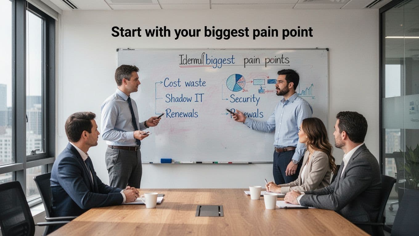 A team of exactly four business professionals—two standing, two seated—in a modern conference room focuses on a whiteboard listing SaaS pain points like cost waste, shadow IT, security, and renewals, under natural daylight.