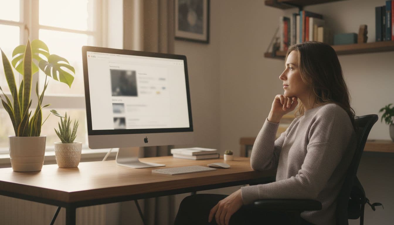 A business person at a desk thoughtfully reviews SaaS listing optimization elements like screenshots, bullet points, and demo links on screen, in a relaxed pose with chin on hand, cozy workspace with plants, photorealistic style under daylight from window.