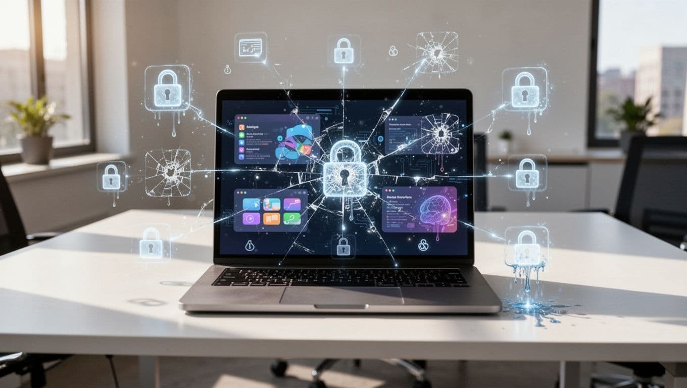 A realistic modern office desk cluttered with multiple laptops displaying SaaS apps like email, calendar, and project management tools, connected by icons showing data flows, risky integrations, shadow apps, and subtle warnings like exposed locks and leaking data.