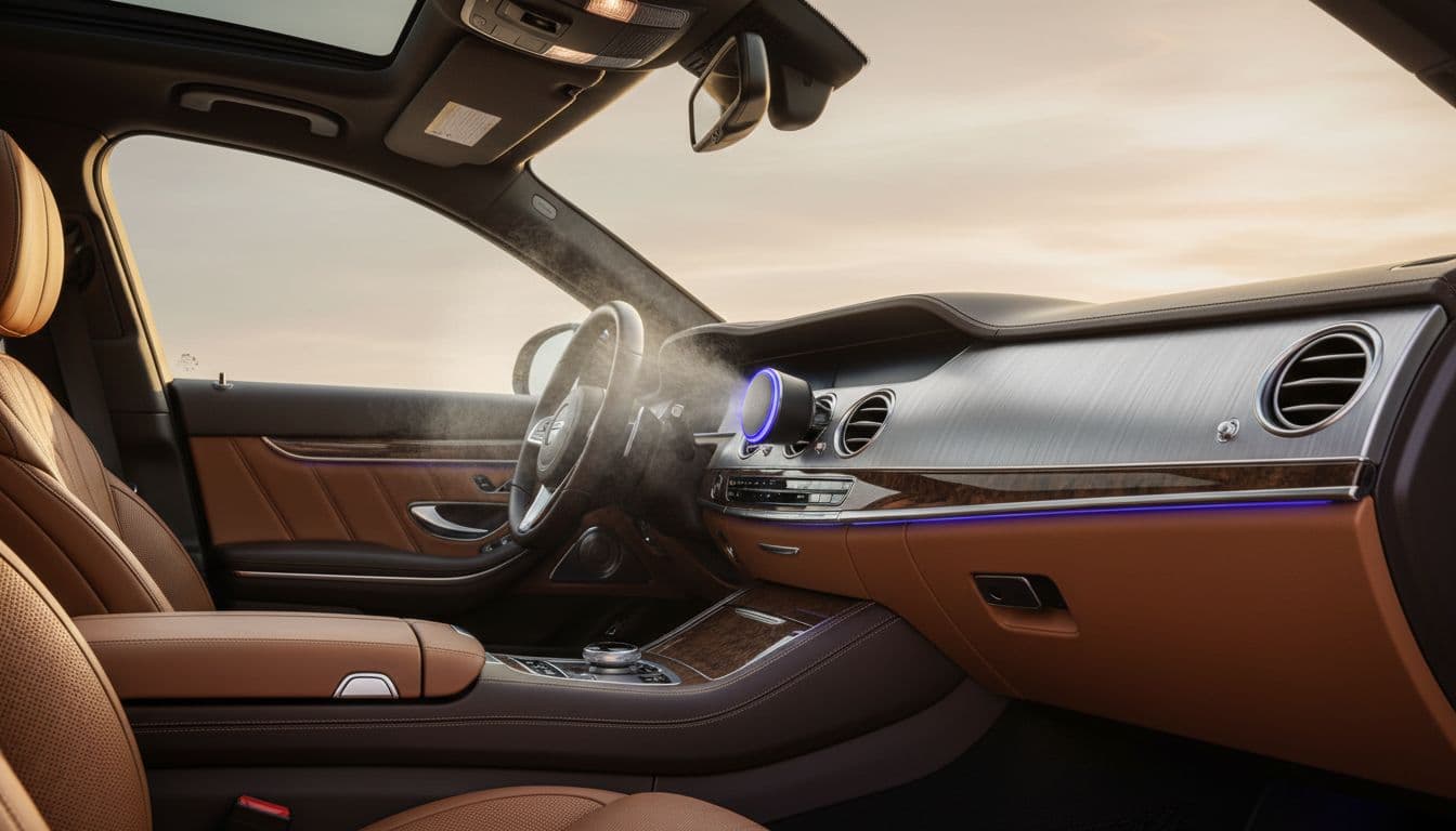 Premium luxury sedan cabin interior with Ceeniu-style smart air freshener on dashboard vent spreading fine mist evenly, featuring high-quality leather, metallic accents, and soft evening lighting.
