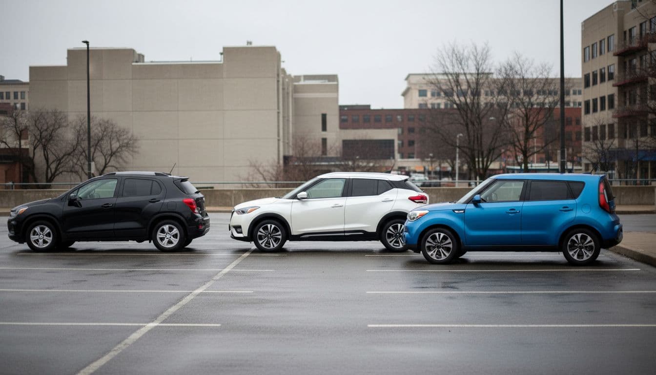 Side view composition of Chevrolet Trax, Nissan Kicks, and Kia Soul in a city parking lot, showcasing their compact heights and sizes under overcast daylight.