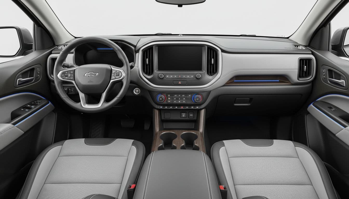 Realistic driver's seat view of Chevy Colorado truck interior dashboard featuring large touchscreen, simple storage, high-quality materials, and ambient lighting, focusing on tech and comfort.