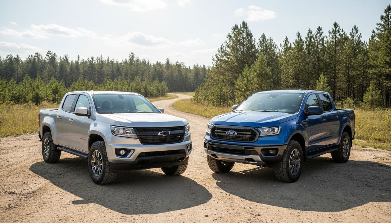 Two midsize pickup trucks, Chevy Colorado and Ford Ranger, parked side by side on a dirt road in daylight, front three-quarter view showing towing hitches and rugged tires, realistic photo style.
