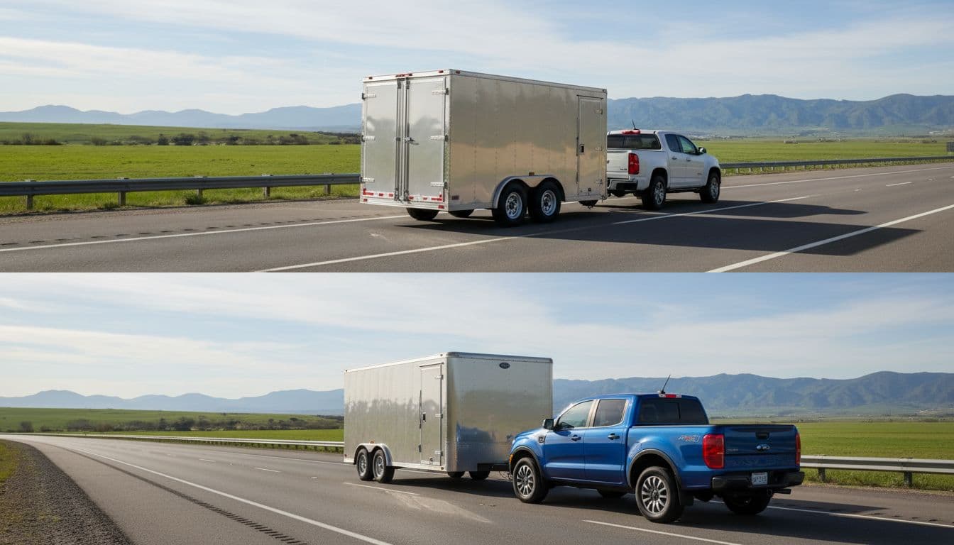 Rear view of a Chevy Colorado towing a trailer on a highway during daylight, featuring an inset image of a Ford Ranger towing a similar trailer, highlighting towing capabilities.