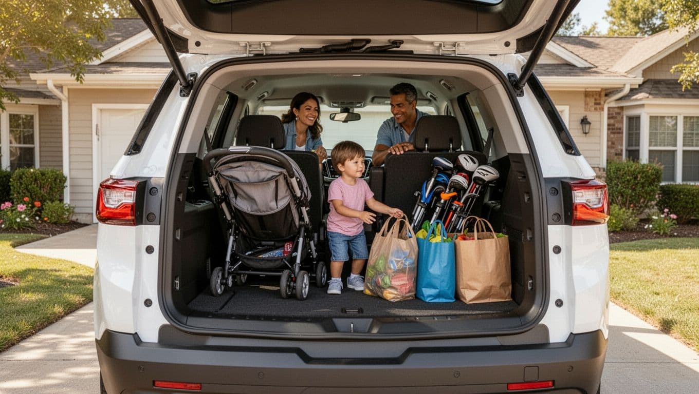 Spacious open cargo area of a white 2026 Chevy Traverse SUV with third-row seats, as a family of two adults and one child loads strollers, sports gear, and grocery bags in a suburban driveway under bright daylight.