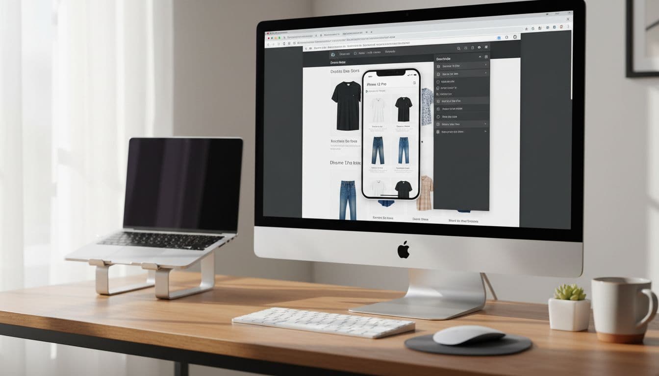 Laptop screen showing Chrome DevTools in Device Mode with mobile phone viewport open, toolbar toggled on, iPhone-like device preset selected, responsive design visible in a clean office desk setting with natural daylight.