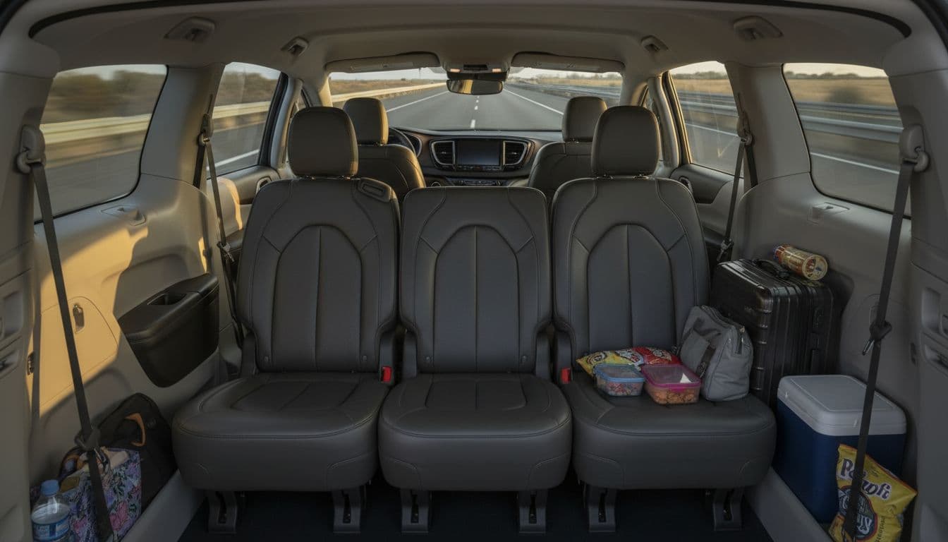 Spacious interior of a Chrysler Pacifica minivan on a road trip, highlighting family seats with ample legroom, snacks and luggage in the cargo area, soft highway sunlight through windows, realistic photography style with a quiet comfortable atmosphere and no people visible.