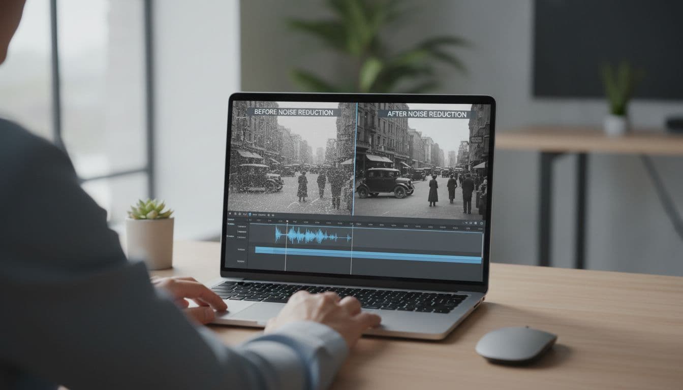 A clean desk setup featuring a laptop screen displaying a simple video editing timeline showing before and after noise reduction on old black and white footage, with natural office lighting and one person with relaxed hands on the keyboard.