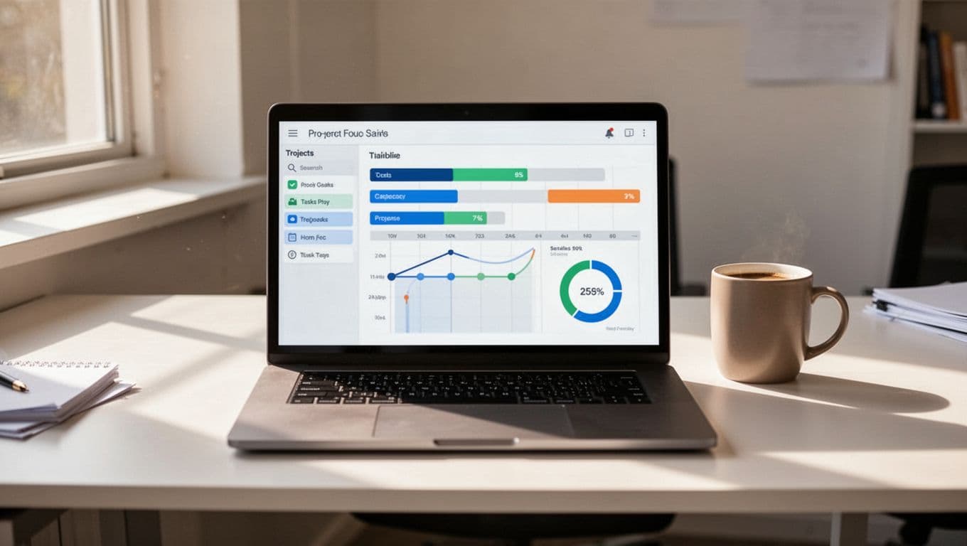 A minimalist clean office desk with a single laptop open to a project dashboard featuring task lists, Gantt chart, and time tracker icons, accompanied by a coffee mug and bathed in natural daylight from a window in modern flat design.
