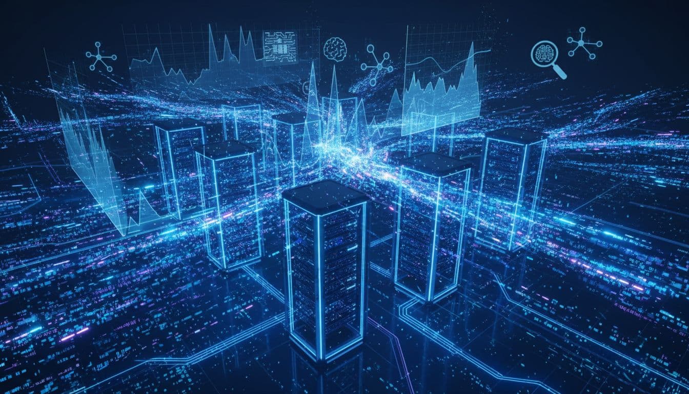 Cloud infrastructure with servers and data flowing to simulate high load testing, overlaid graphs of traffic spikes and AI analysis icons. Futuristic digital art style in blue tones with dynamic composition, no text, no people, no logos.