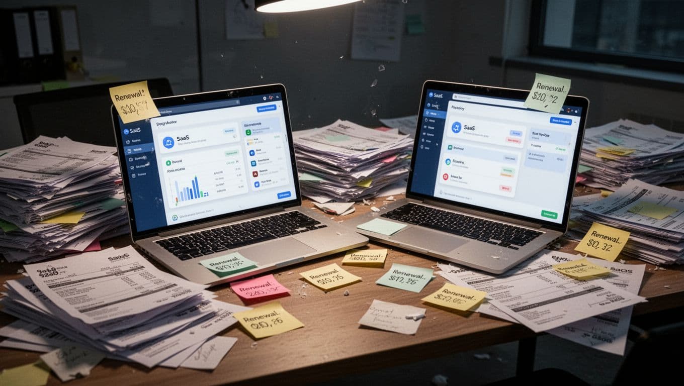 Professional illustration of a disorganized desk featuring two laptops with SaaS dashboards, invoice stacks, sticky notes with renewal dates, and dim lighting emphasizing chaos.