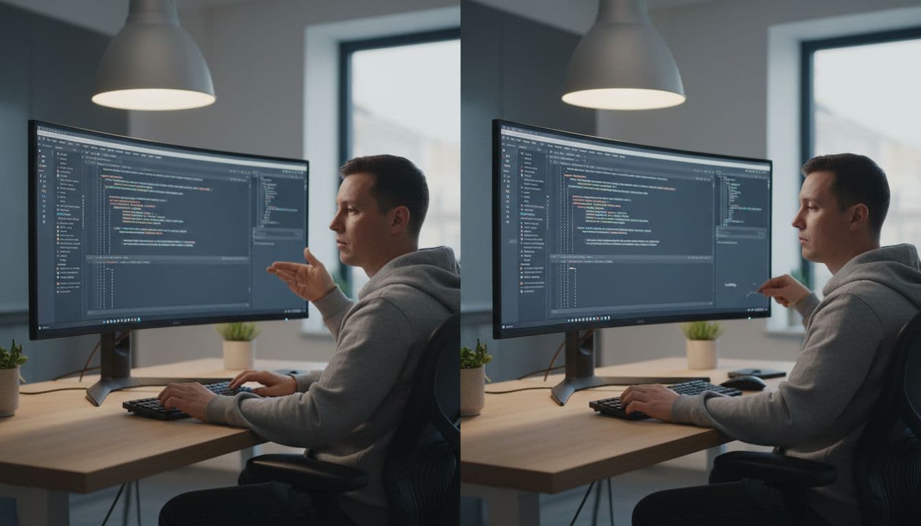 Photorealistic side-by-side comparison of a fast native code editor on the left monitor (snappy with large files) versus a heavier lagging editor on the right, with a developer switching between them at a workstation desk in neutral office lighting.