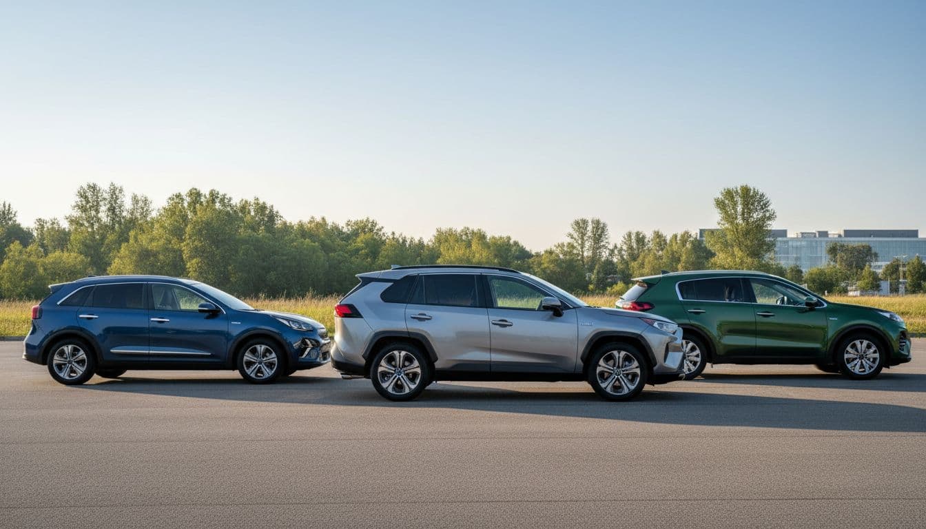 Side profile view of Kia Niro Hybrid, Toyota RAV4 Hybrid, and Kia Sportage Hybrid parked in an outdoor lot under soft morning light, photorealistic style.