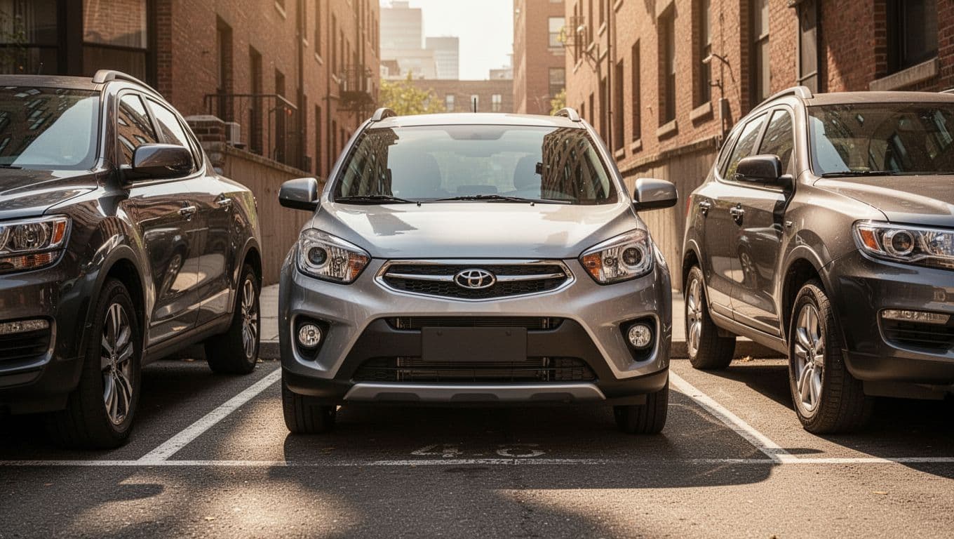 Compact silver Hyundai Venue SUV parked in a tight urban parking spot between two larger cars, demonstrating easy access and small size advantage for city life.