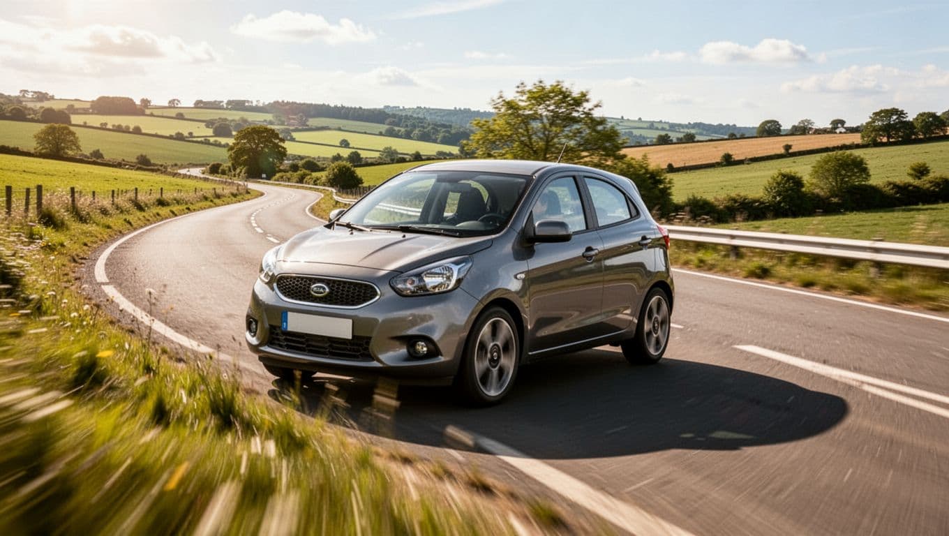 Compact sedan driving on a winding road in countryside, dynamic motion blur on wheels, sunny day, realistic action photo, vibrant colors, natural lighting, no text, no logos, no watermarks, single car centered in frame.