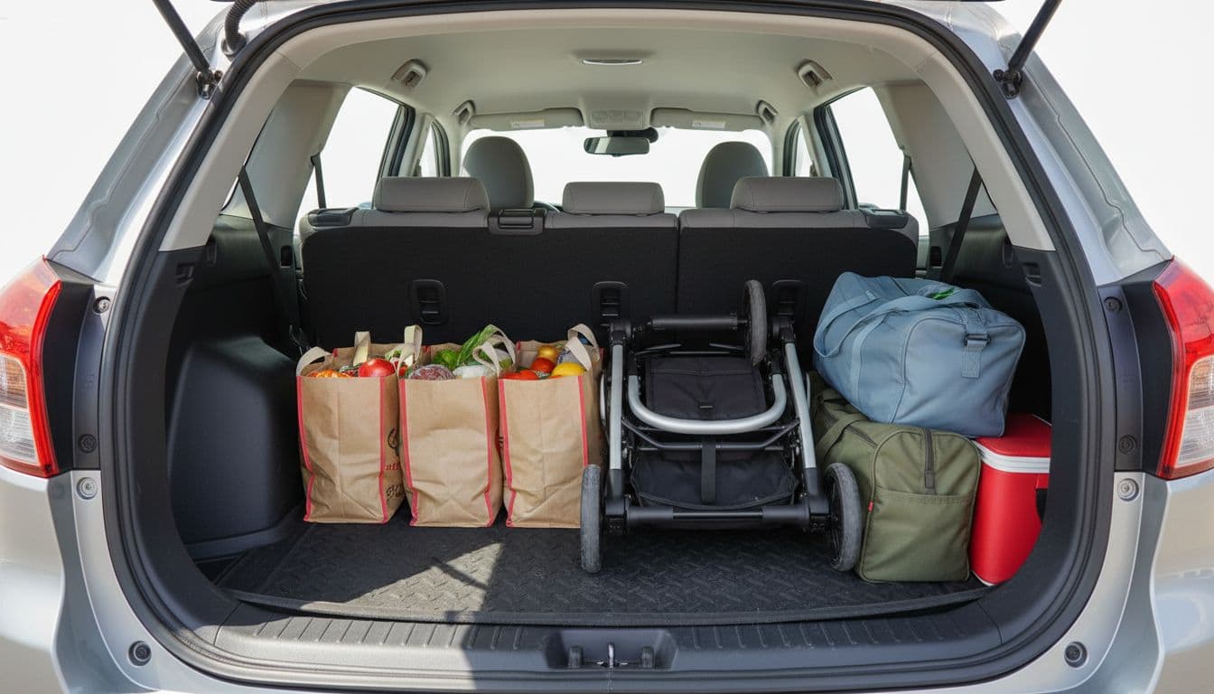 Interior cargo area of a compact SUV with rear seats up, loaded with grocery bags, a folded stroller, and weekend duffel bags, open hatchback, bright natural light, realistic photo, clean and organized, focus on space utilization.