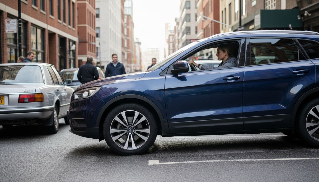 A compact SUV easily parks in a tight urban spot between two cars, with the driver smoothly turning the wheel amid city streets, buildings, and pedestrians under natural daylight.