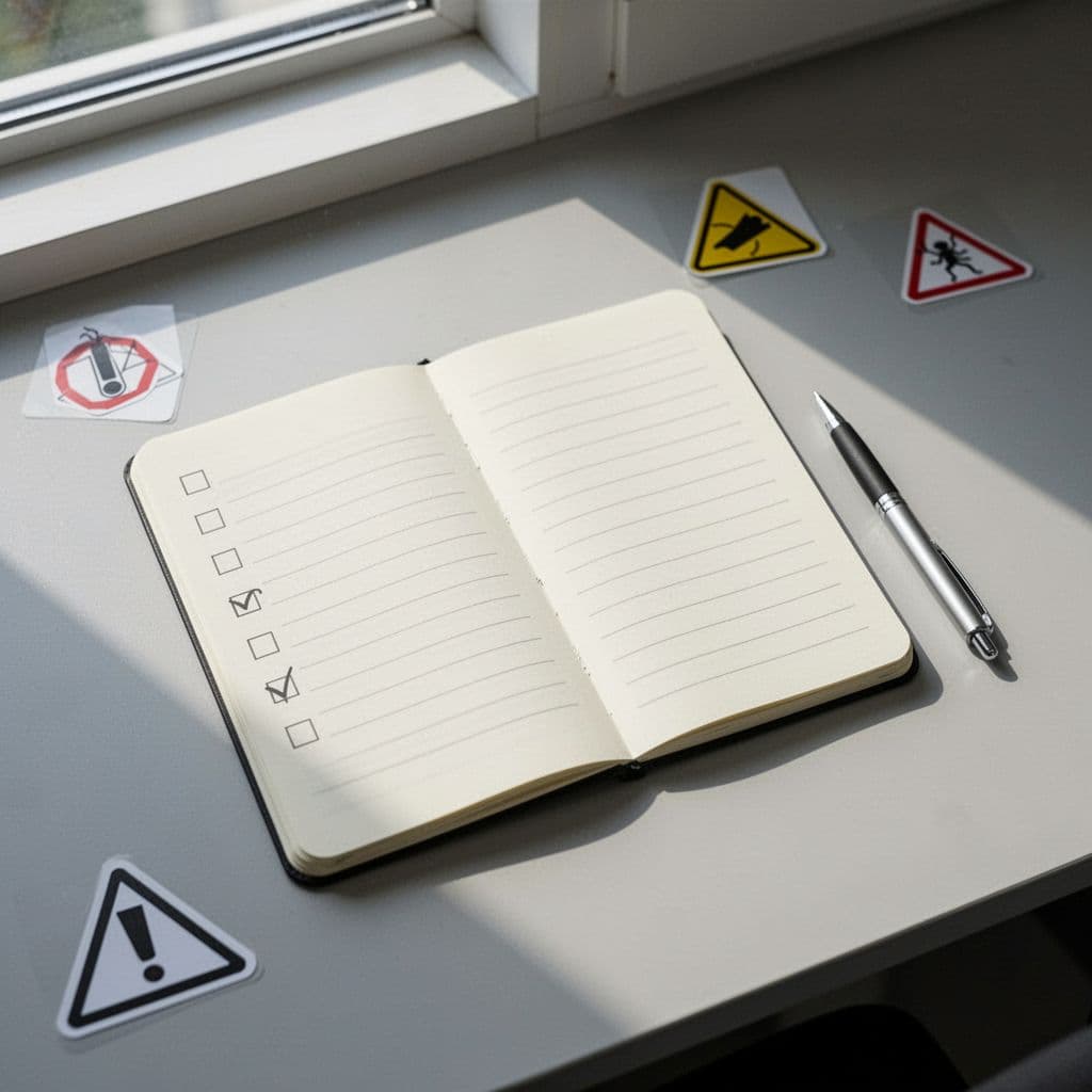 Photorealistic top-down composition of a checklist notepad on an office desk with a pen beside it, subtle secure lock and medical cross icons, natural window light, clean background, no readable text, no people or devices.