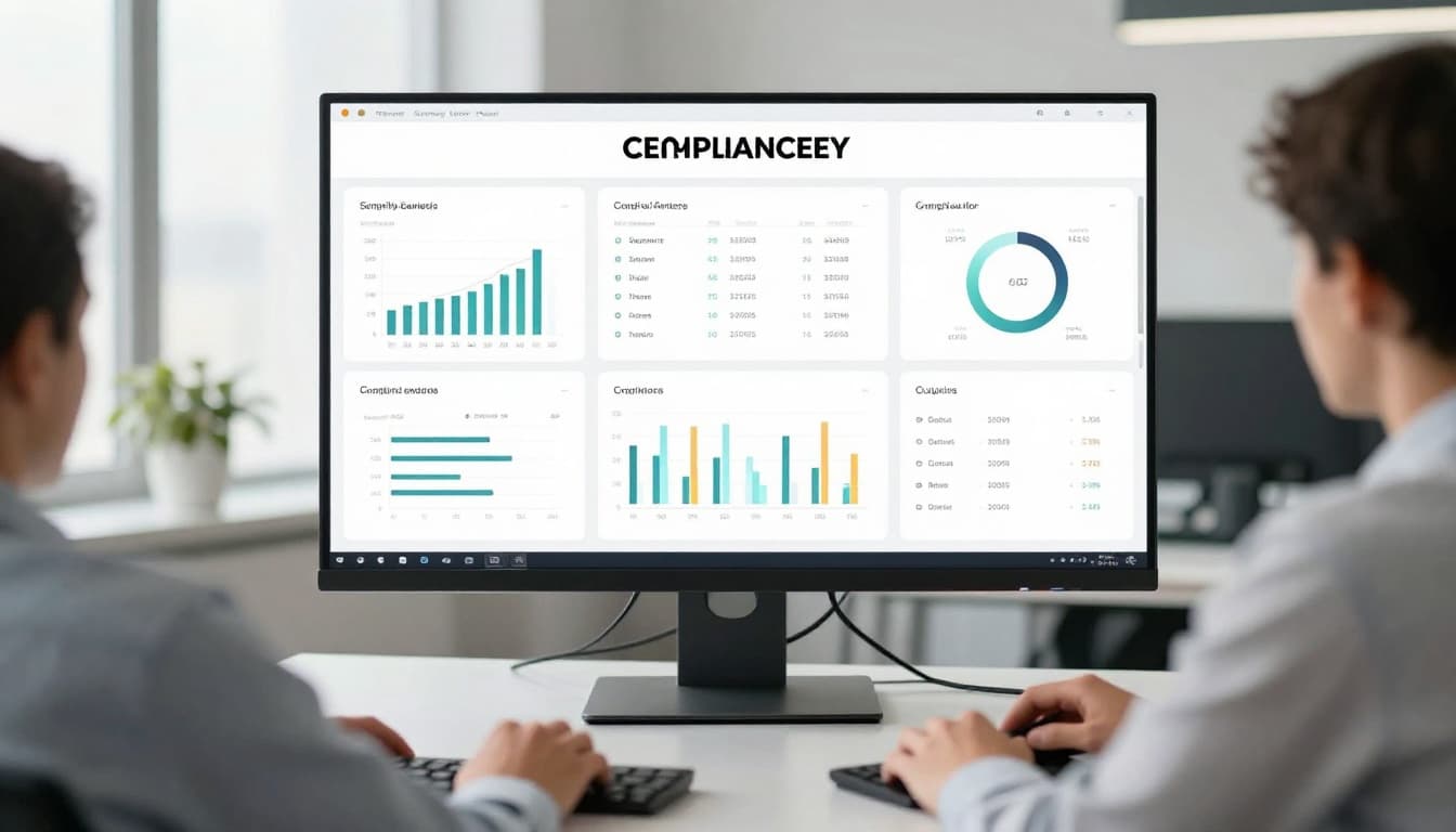 Modern compliance dashboard on a large computer monitor in a bright office, displaying graphs and charts of security metrics and control status, viewed by one seated analyst.