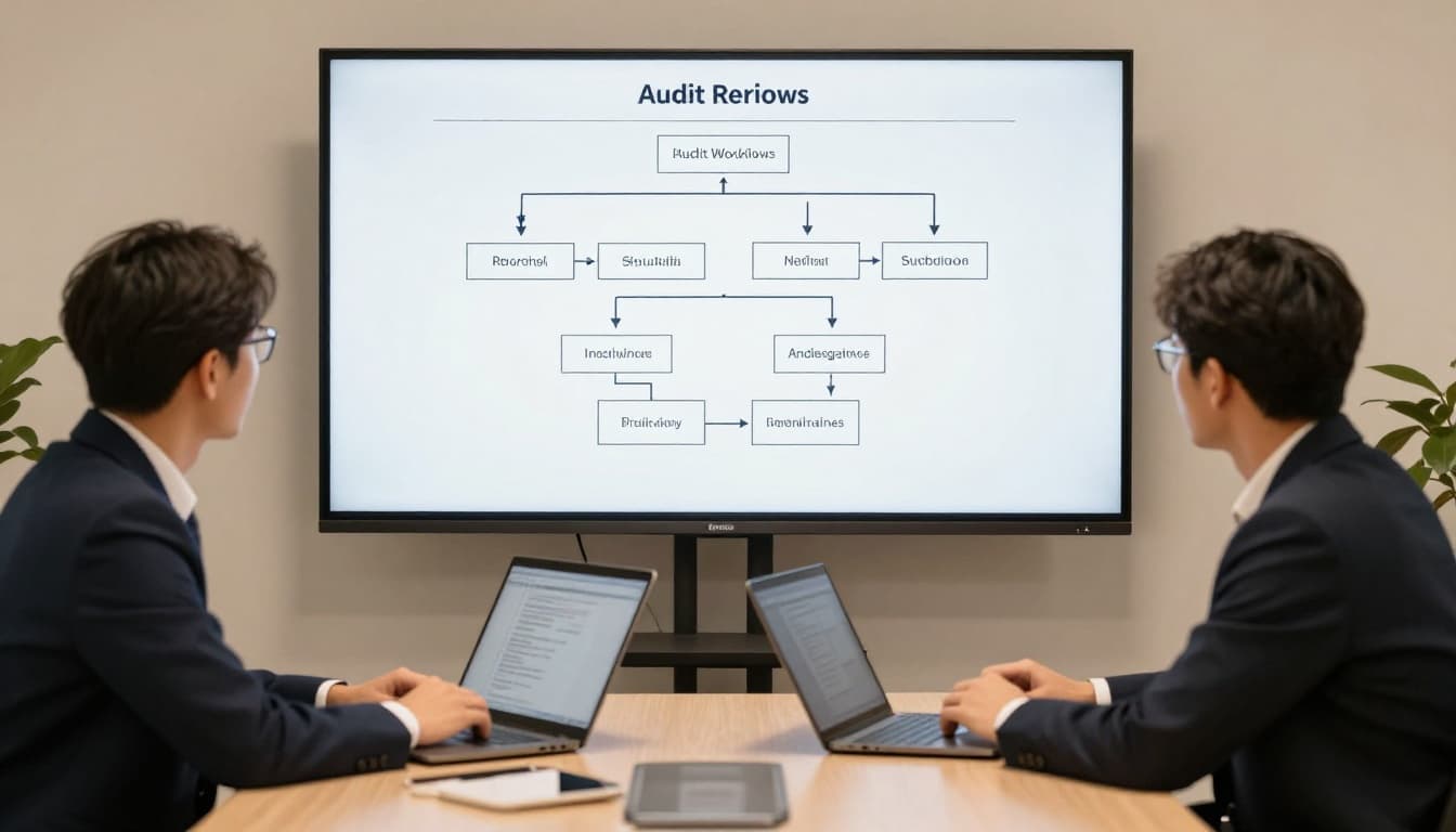 Small team of three compliance professionals collaborates in a modern conference room over laptops and a shared screen showing audit workflow charts. Photorealistic image with warm lighting, landscape composition, no text or logos.
