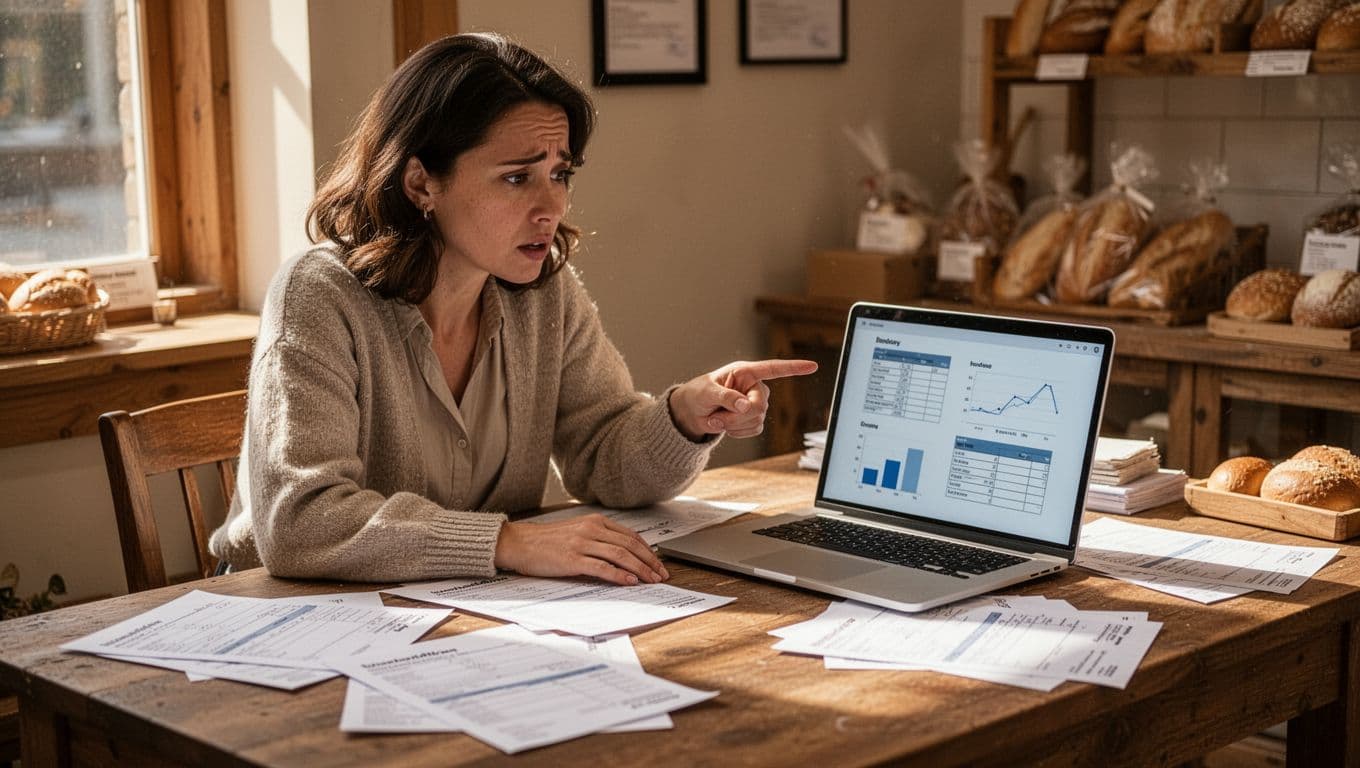 Small business owner in a cozy bakery office sits at a wooden desk cluttered with customer forms and an open laptop displaying simple data inventory charts, looking concerned while pointing at the screen. The image illustrates challenges of manual data mapping and consent tracking for small businesses.