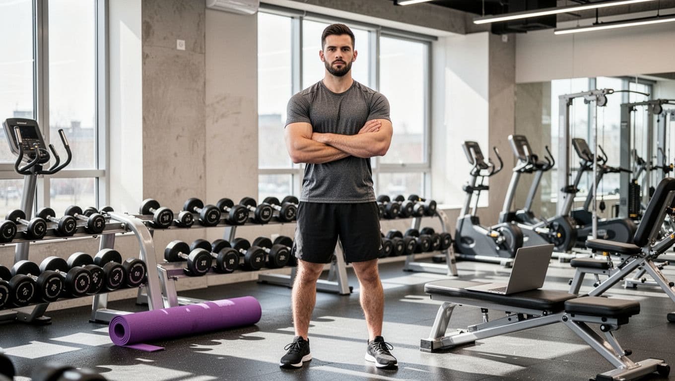 A confident personal trainer stands with arms crossed in a bright modern gym, featuring exercise equipment and subtle service icons like dumbbells for strength training, yoga mat for classes, and laptop for online coaching.
